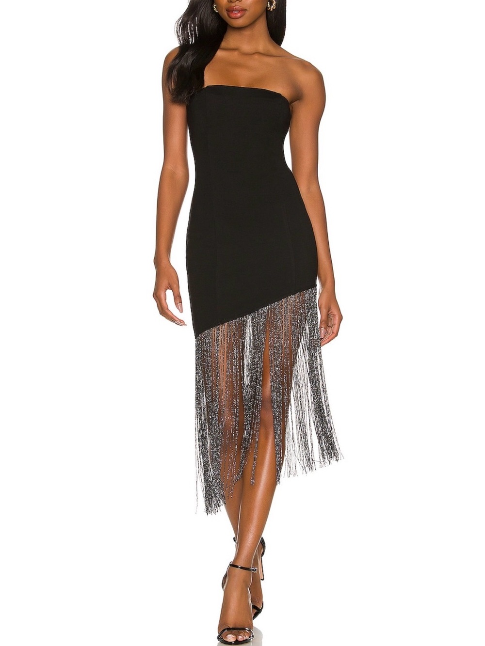 Superdown Black Strapless Dress with Silver Fringe